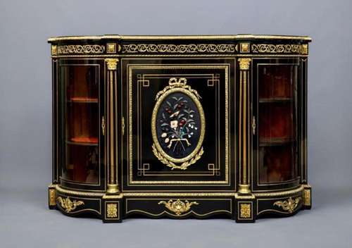 NAPOLEON III GILT BRONZE PIETRA DURA EBONSIED VIRTRINE CABIN...