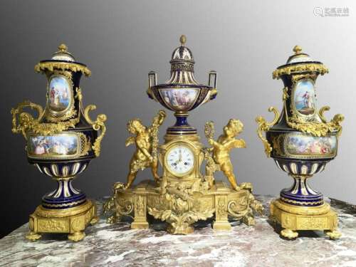 A FRENCH ORMOLU-MOUNTED SEVRES-STYLE COBALT BLUE JEWELLED PO...