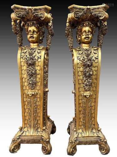 Pair Of French Louis XVI Style Carved Gilt Wood Cherub Pedes...