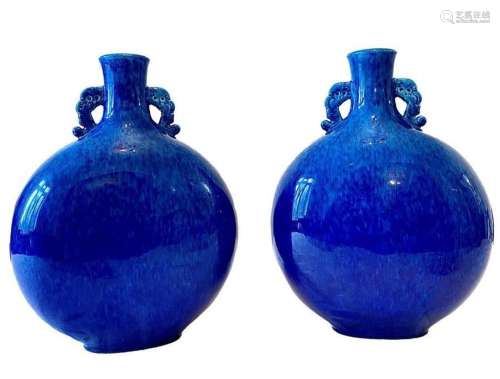 A PAIR OF LAPIS LAZULI COLOURED SEVRES MOONFLASKS, 19TH CENT...