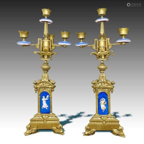 Pair Of French Hand Painted Enamel Candelabras, 19th Century