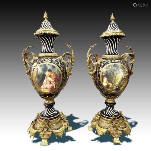 A Monumental pair of French Sevres style porcelain and gilt ...