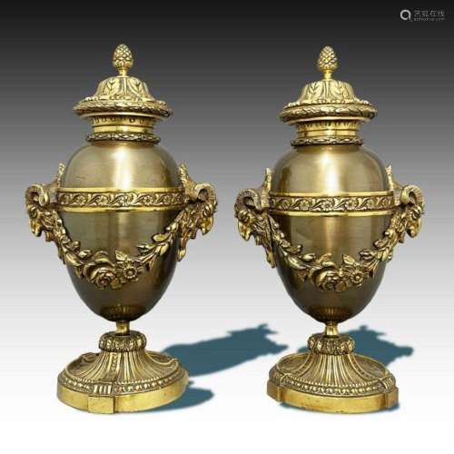Pair Of French Bronze Ram Head Vases, 19th Century