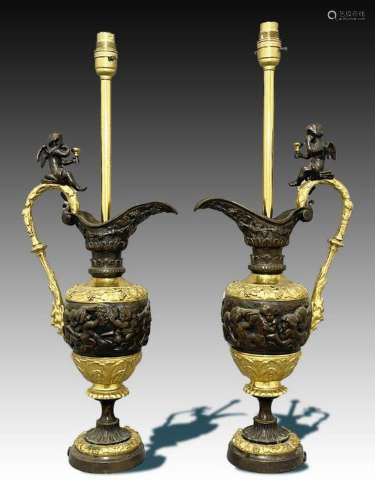 Pair Of French Bronze & Gilt Ewers Converted To Lamps, G...