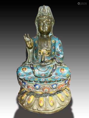 A LARGE CHINESE BRONZE & CLOISONNE SEATED GUANYIN BUDDHA...