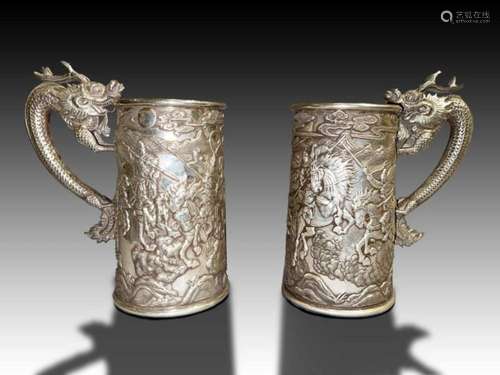 PAIR OF DRAGON HANDLE CHINESE SOLID SILVER TANKARD MUGS, DEP...