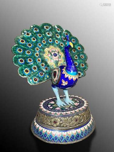 A LARGE GEM SET INDIAN SILVER & ENAMEL PEACOCK FIGURE, 2...