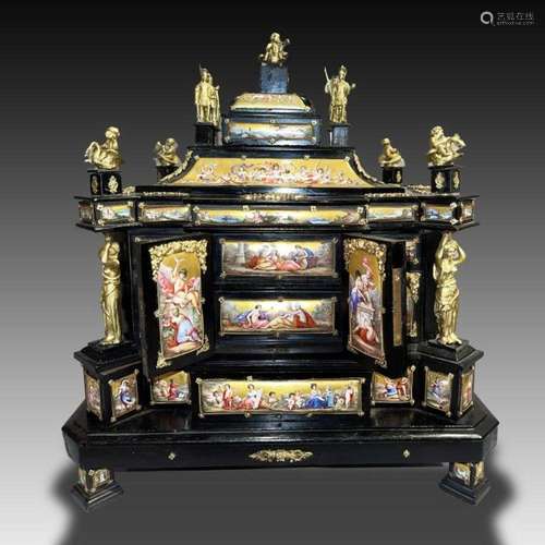 A VIENNESE GILT-METAL AND ENAMEL MOUNTED EBONISED WOOD CASKE...