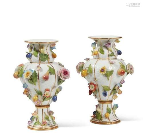 A Pair Of Floral Encrusted Meissen Baluster Vases, 19th Cent...