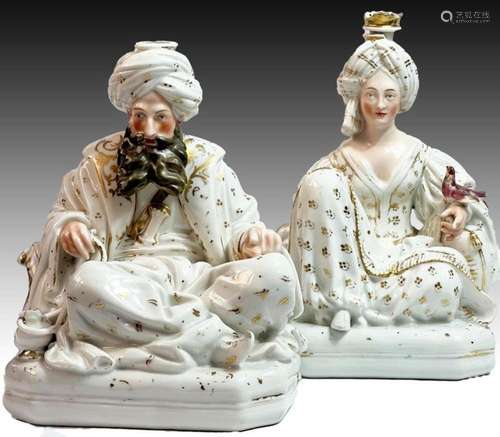 A PAIR OF PORCELAIN SEATED SULTAN AND SULTANA FIGURINES, JAC...