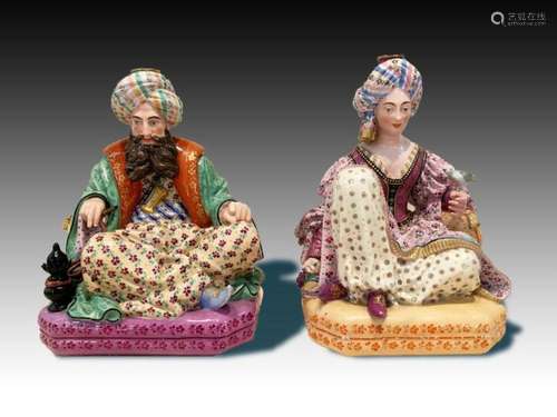 A pair of porcelain seated Sultan and Sultana figurines, Jac...