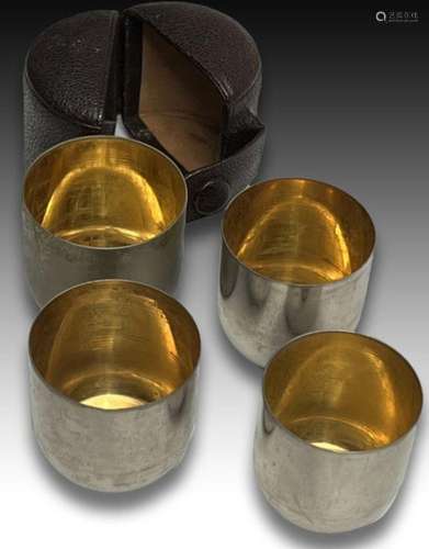 Four Silver Beaker Travel Cups With Leather Case, Probably 1...