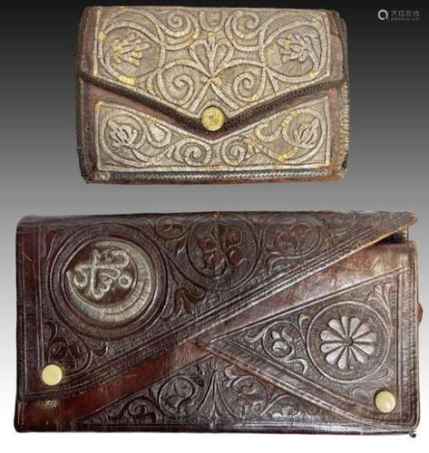 Two Ottoman silver thread embroidered leather wallets, Turke...