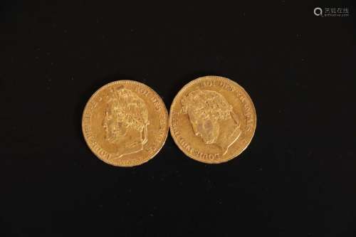 2 pièces de 20 francs or Louis Philippe 1834 W et 1844 A