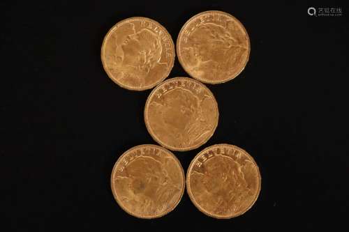 5 pièces de 20 francs suisse or