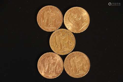 5 pièces de 20 francs or type Dupré