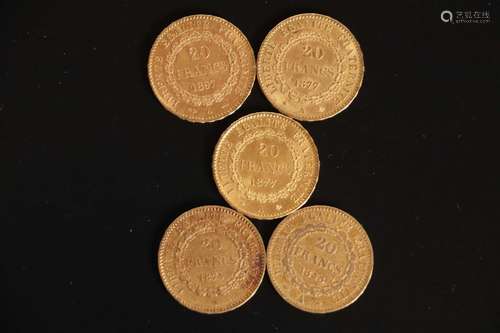 5 pièces de 20 francs or type Dupré