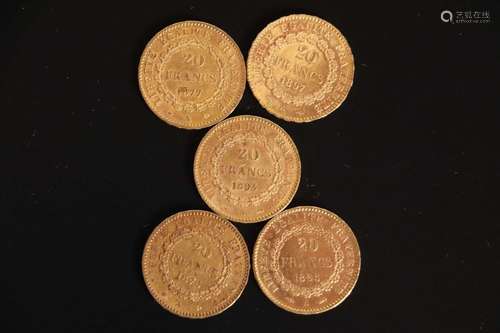 5 pièces de 20 francs or type Dupré