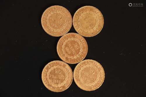 5 pièces de 20 francs or type Dupré