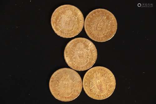 5 pièces de 20 francs or Napoléon III tête laurée