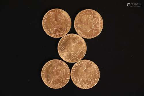 5 pièces de 20 francs or type Chaplain