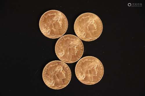 5 pièces de 20 francs or type Chaplain