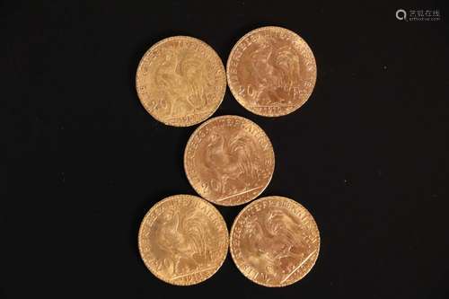 5 pièces de 20 francs or type Chaplain