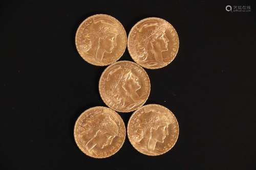 5 pièces de 20 francs or type Chaplain