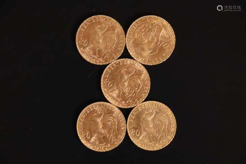 5 pièces de 20 francs or type Chaplain