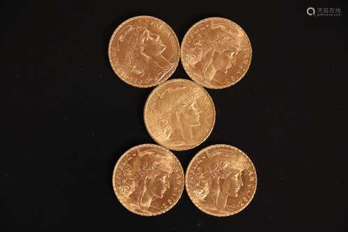 5 pièces de 20 francs or type Chaplain