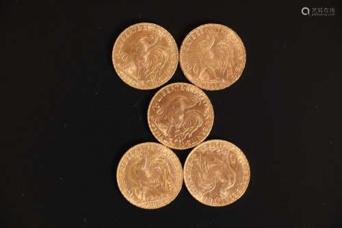 5 pièces de 20 francs or type Chaplain