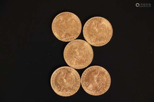 5 pièces de 20 francs or type Chaplain