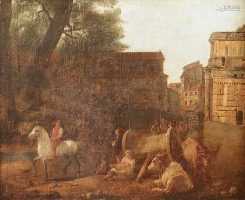 Ecole Romaine vers 1800 "Le repos près des ruines antiq...