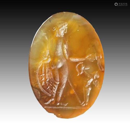 A ROMAN CARNELIAN INTAGLIO OF ATHENA AND ARIES