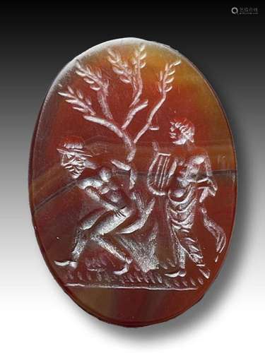 Roman Style Carnelian Intaglio Depicting A Harp Player