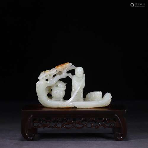 CHINESE HETIAN JADE RAFT WITH CARVED 'FIGURE AND PINE TR...