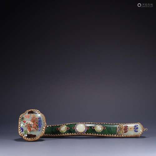 CHINESE GILT-SILVER-MOUNTED AND GEMSTONES-INLAID HETIAN WHIT...