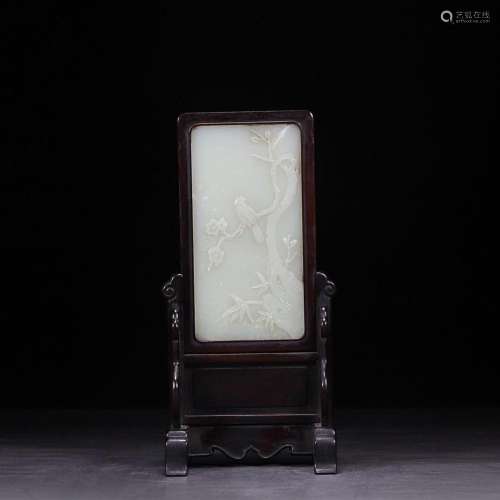 CHINESE HETIAN JADE TABLE SCREEN WITH CARVED 'BIRD AND P...