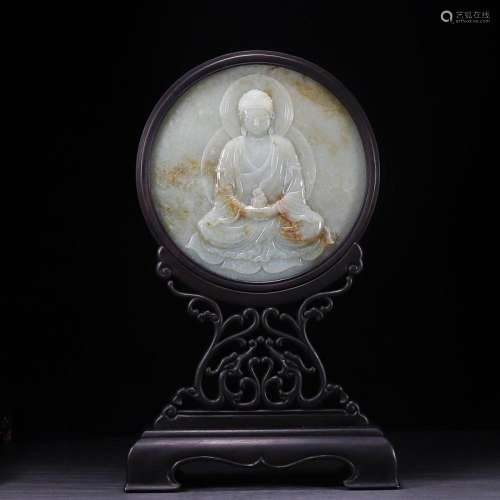 CHINESE HETIAN JADE TABLE SCREEN WITH CARVED 'BUDDHA'...