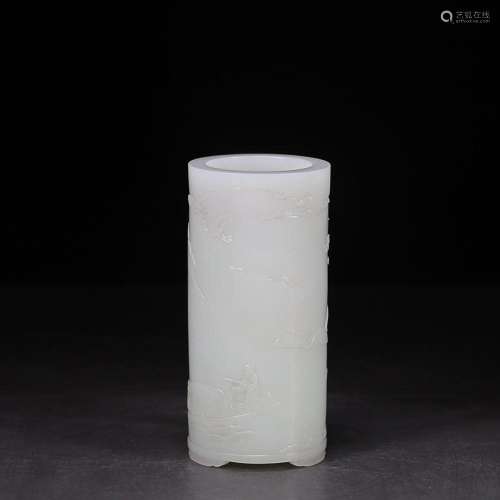 CHINESE HETIAN JADE BRUSHPOT WITH CARVED 'FIGURE STORY&#...