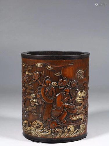 Bamboo Gold Decorated Hehe Erxian Poem Brush Pot