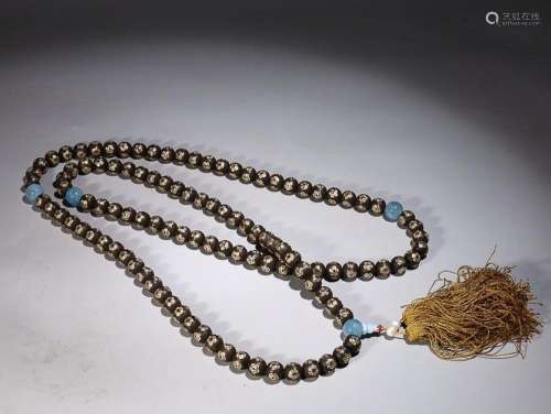 CHINESE GILT-SILVER-INLAID AGARWOOD ROSARY