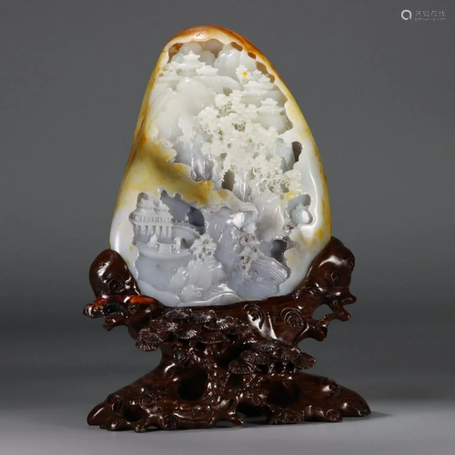 Qing Dynasty - Hetian Black White Jade Landscape Character S...