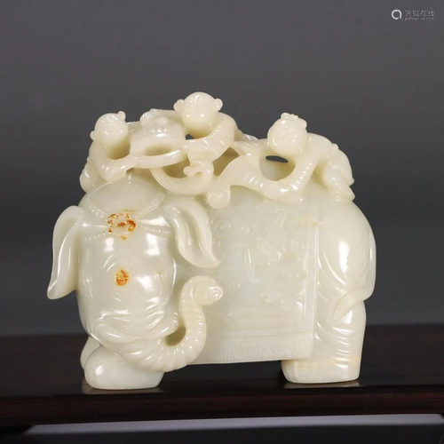 Qing Dynasty - Hetian Jade Boy & Elehpant Decorative Orn...