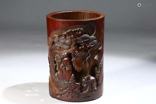 CHINESE BAMBOO BRUSHPOT WITH CARVED 'ARHAT'