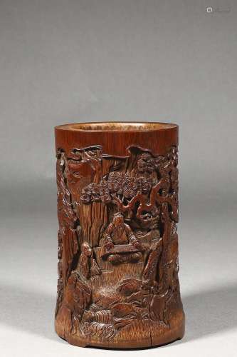 CHINESE BAMBOO BRUSHPOT WITH CARVED 'FIGURE IN LANDSCAPE...