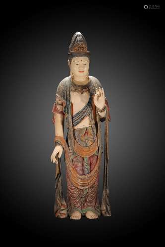 CHINESE POLYCHROMED CAMPHOR WOOD FIGURE OF GUANYIN