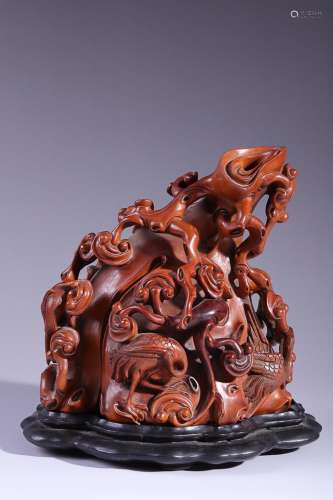 CHINESE BOXWOOD ORNAMENT WITH CARVED 'CRANE AND RUYI'...