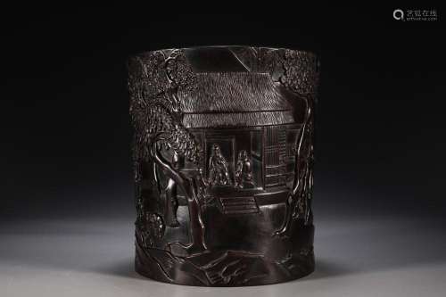 CHINESE SANDALWOOD BRUSHPOT WITH CARVED 'FIGURE STORY...