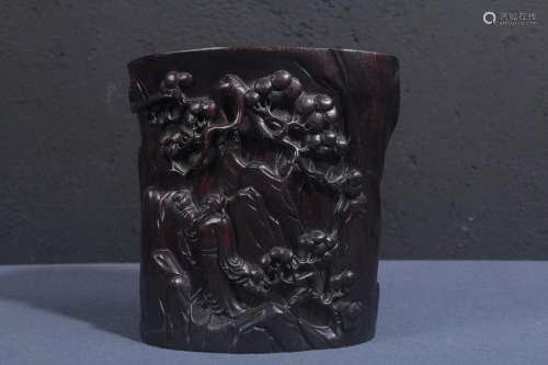 CHINESE SANDALWOOD BRUSHPOT WITH CARVED 'SCHOLAR AND PIN...